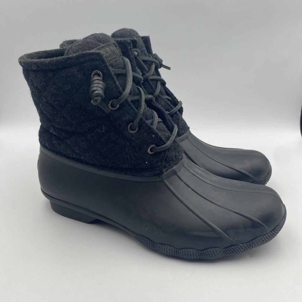Sperry Women's All Black Waterproof Quilted Lace Up Rubber Boots Size‎ 9